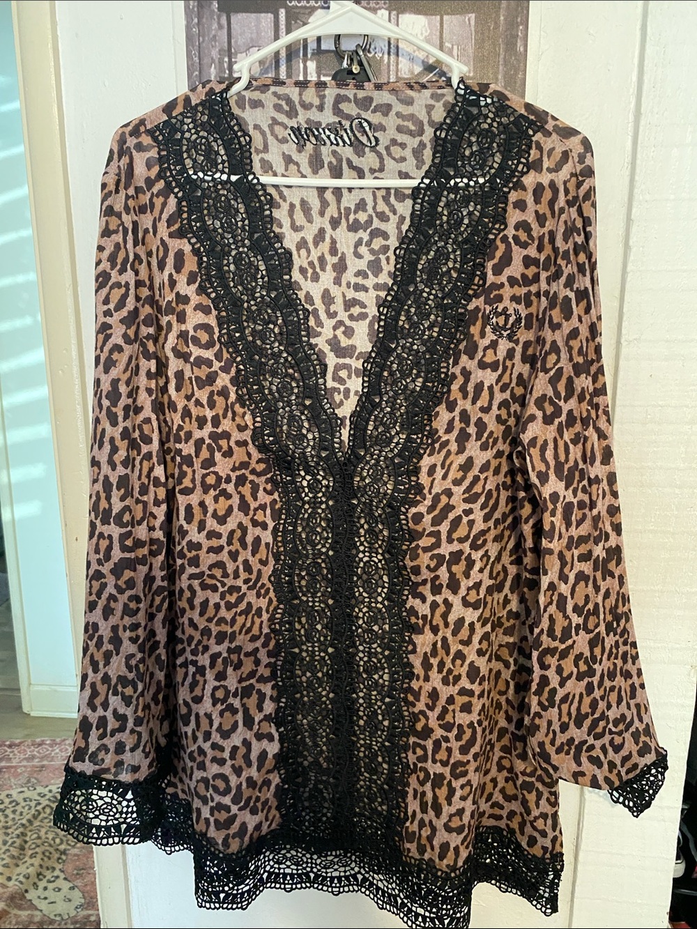 Leopard Print V-Neck Tunic with Black Lace Trim